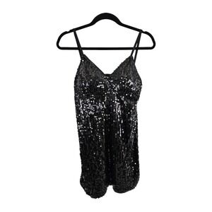 Y2K Mini Dress Black Sparkle Glitter Stretch Club Party Large Mob Glam